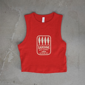 Sardine Graphic Crop Tank Top, Women's Summer Top, Retro Vibe Shirt, Beach Day Essential, Casual Chic, Unique Gift Idea