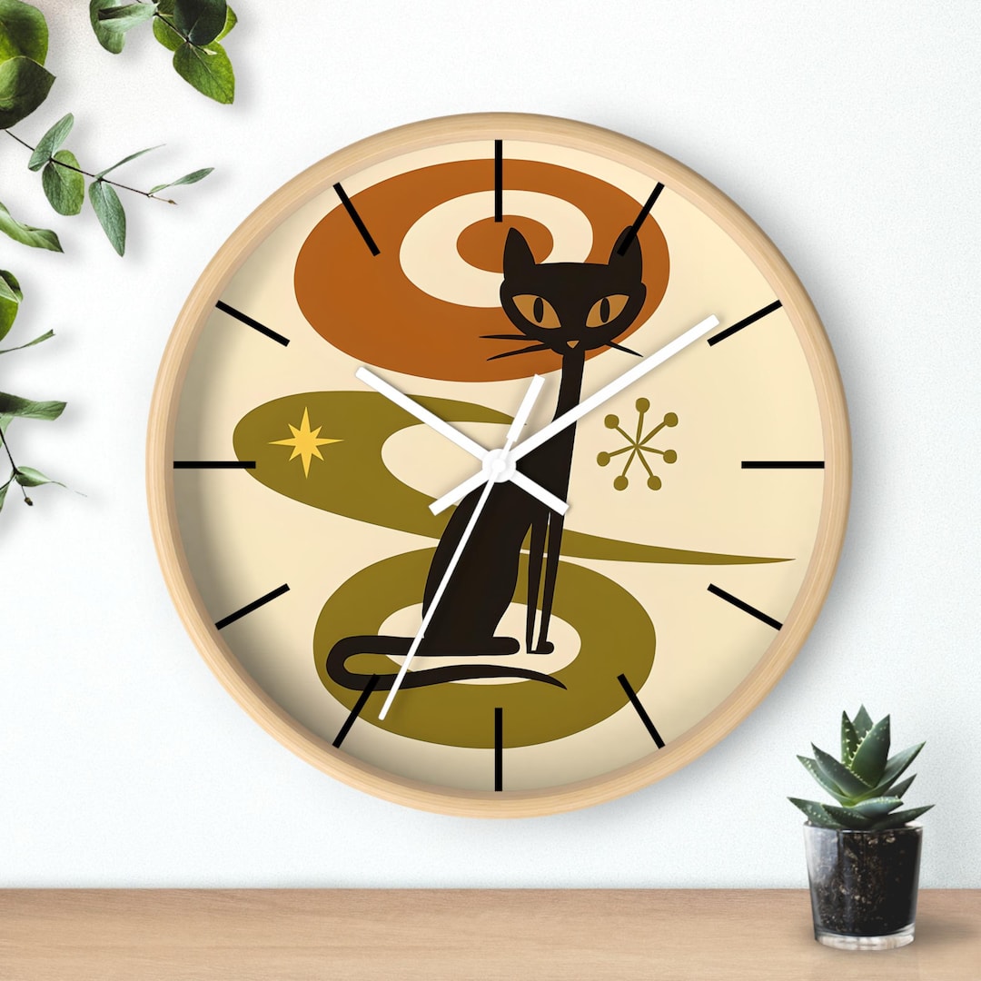 Rustic Cat Clock Retro Cat Wall Clock, Atomic Cat Decor, Mid Century Style, Living Room ...
