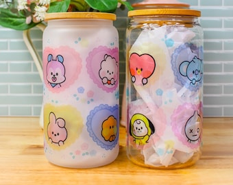 Heart Floral Kpop Characters 16oz Frosted Can Glass | Can Glass, Glass Cup with Lid and Straw, Customized, Gift, BTS cup, BTS merchandise