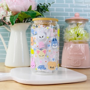 Kpop Zoo Kids Confetti UVDTF 16oz Can Glass Mug | Can Glass, Glass Cup with Lid and Straw, Customized, Gift, Stray Kids, SKZOO, Stay