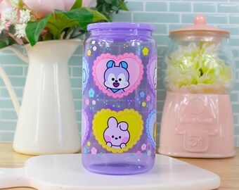 Kpop Friends Spring Heart Floral UVDTF 16oz Purple Jelly Can Glass Cup | Glass Cup with Lid and Straw, Customized, Gift, BTS merchandise