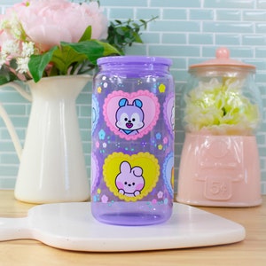 Kpop Friends Spring Heart Floral UVDTF 16oz Purple Jelly Can Glass Cup | Glass Cup with Lid and Straw, Customized, Gift, BTS merchandise
