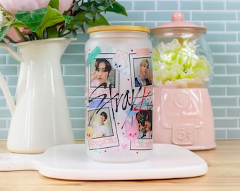 Kpop Kids 16oz Frosted Can Glass Mug | Can Glass, Glass Cup with Lid and Straw, Customized, Gift, SKZOO, Stray Kids, Stay