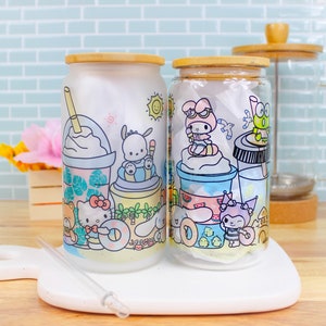 Kawaii Kitty and Friends Beach Latte 16oz Can Glass Mug | Can Glass, Glass Cup with Lid and Straw, Customized, Gift idea, Kawaii, Latte Cup