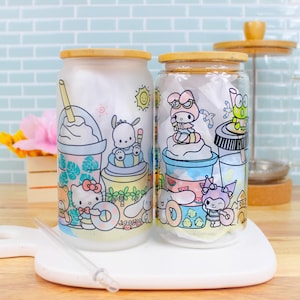 Kawaii Kitty and Friends Beach Latte 16oz Can Glass Mug | Can Glass, Glass Cup with Lid and Straw, Customized, Gift idea, Kawaii, Latte Cup