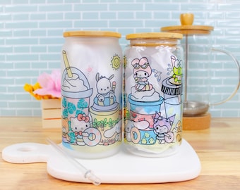 Kawaii Kitty and Friends Beach Latte 16oz Can Glass Mug | Can Glass, Glass Cup with Lid and Straw, Customized, Gift idea, Kawaii, Latte Cup