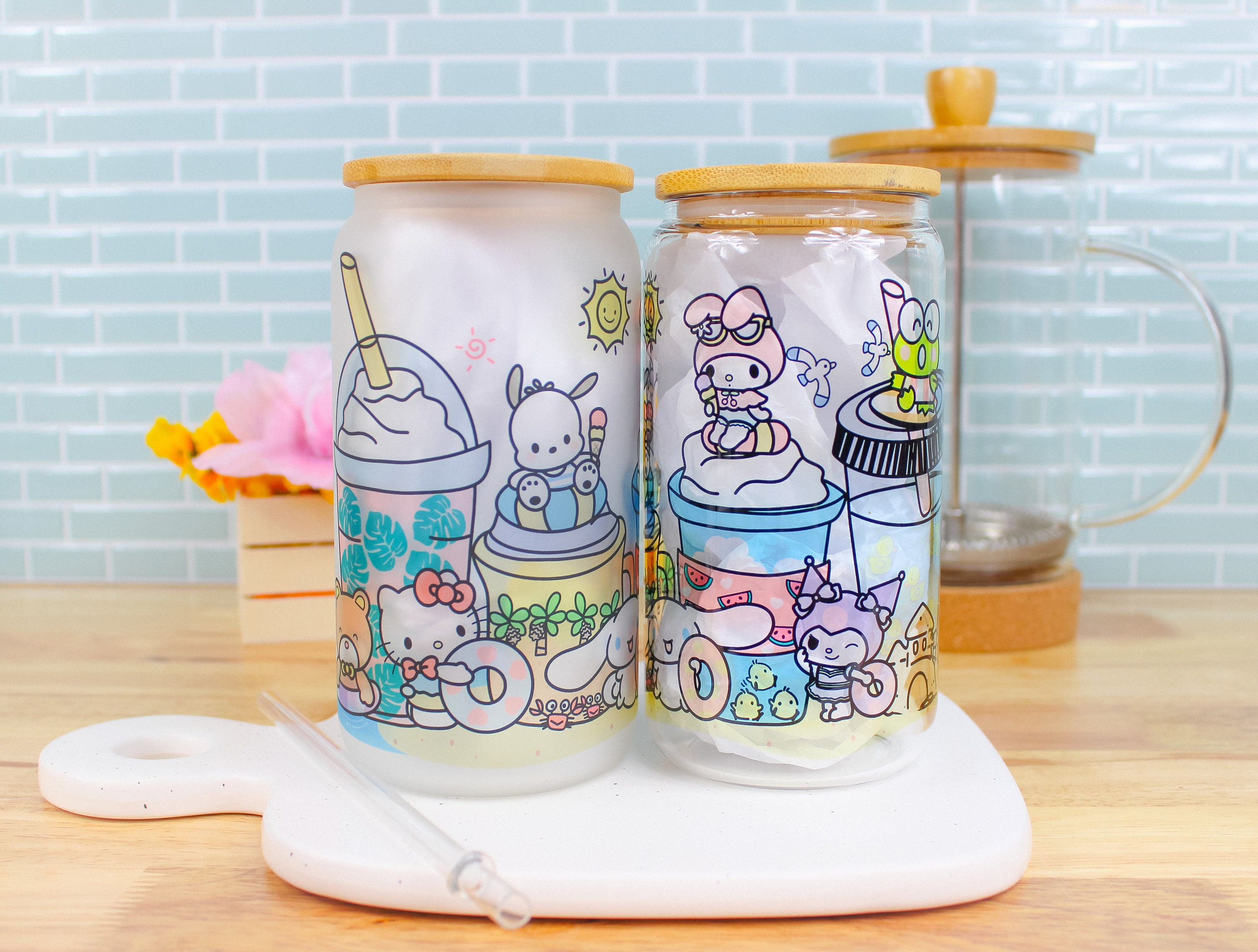 Hello Kitty Christmas Glass Jar with Lid & Straw And Glass Mug With Lid &  Spoon