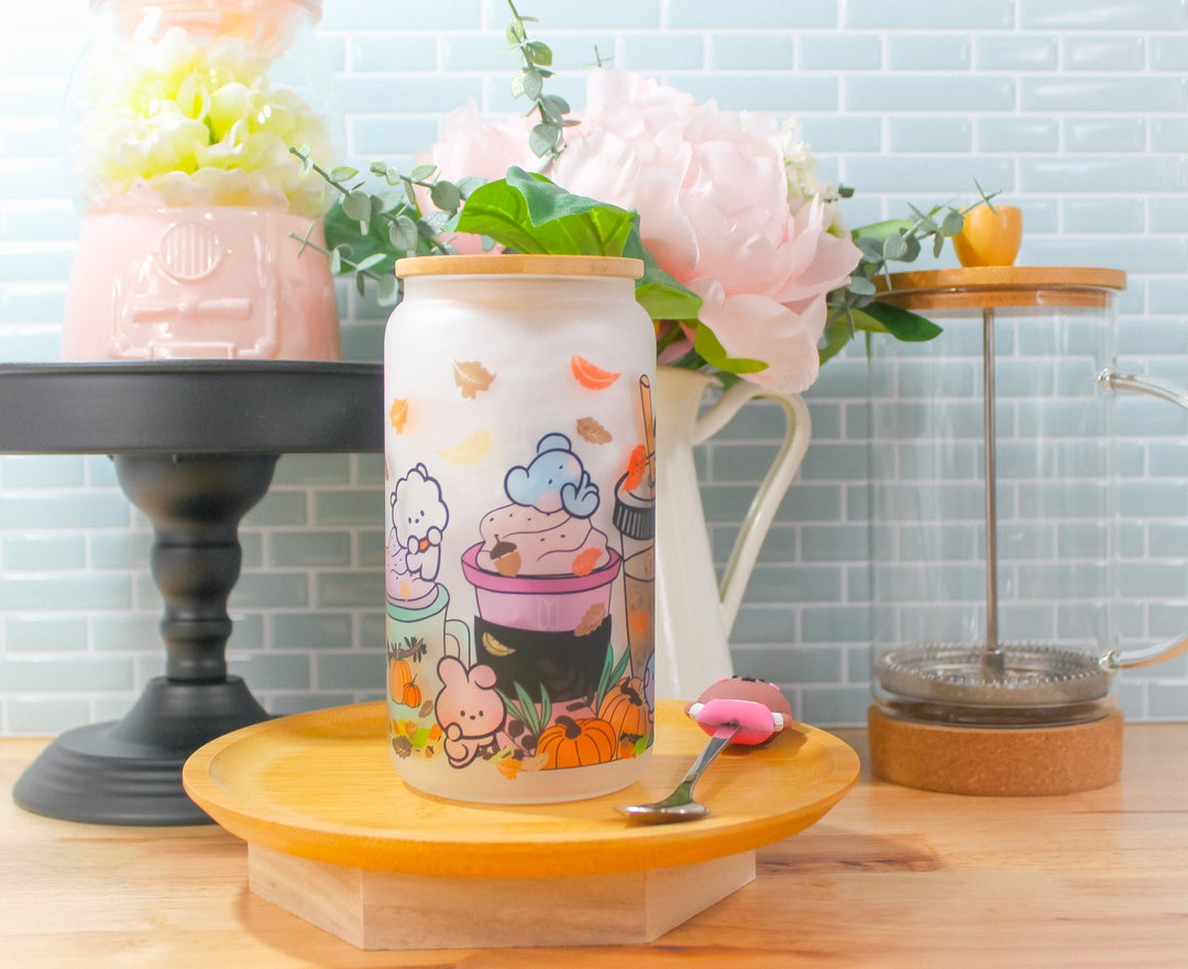 Fall Latte 16oz Frosted Can Glass Mug Can Glass, Glass Cup With Lid and