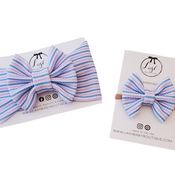 Hospital Pink & Blue Stripes Baby Bow | Big Bow Headwrap | Bow Soft Nylon Headband | Newborn/Baby/Infant/Toddler