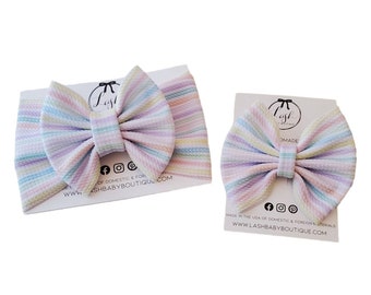 Pastel Stripes Easter Baby Bow | Big Bow Headwrap | Bow Clip | Bow Soft Nylon Elastic Headband | Newborn/Baby/Infant/Toddler Bow