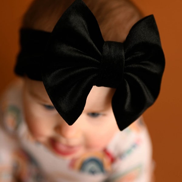 BLACK Stretch Velvet Baby Bow Headwrap | Big Bow Headwrap | Bow Soft Nylon Elastic Headband | Newborn/Baby/Infant/Toddler Bow | Shimmer Bow