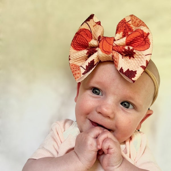 Fall Pumpkins & Apple Pie Baby Bow | Big Bow Headwrap | Bow Soft Nylon Elastic Headband | Newborn/Baby/Infant/Toddler Bow