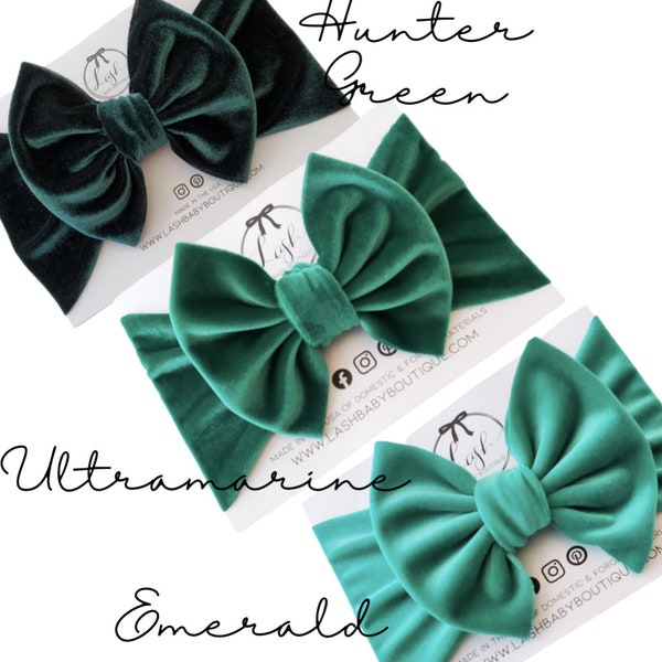 GREEN Stretch Velvet Baby Bow Headwrap | Bow Clips | Bow Nylon Headbands | Hunter Green | Ultramarine Green | Emerald