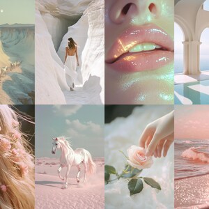May include: A collage of images with a pastel color scheme. The images include a desert landscape with white horses, a woman walking through a white cave, a close-up of lips with iridescent gloss, a white building with arches, a woman's blonde hair with pink flowers, a white horse running in a pink desert, a hand holding a pink rose, and a pink beach with a crescent moon in the sky.
