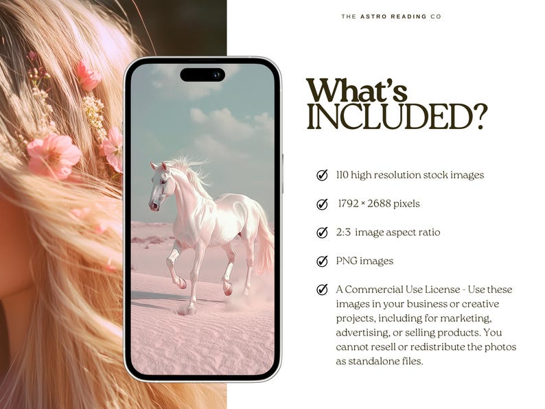 May include: A digital download of 110 high-resolution stock images featuring a white horse running on a pink sandy beach. The images are 1792 x 2688 pixels and have a 2:3 aspect ratio. The images are in PNG format and can be used for commercial purposes.