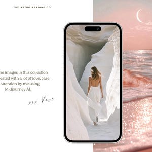 May include: A woman in a white dress walks through a white rock formation. The background is a pink and blue sunset over the ocean.