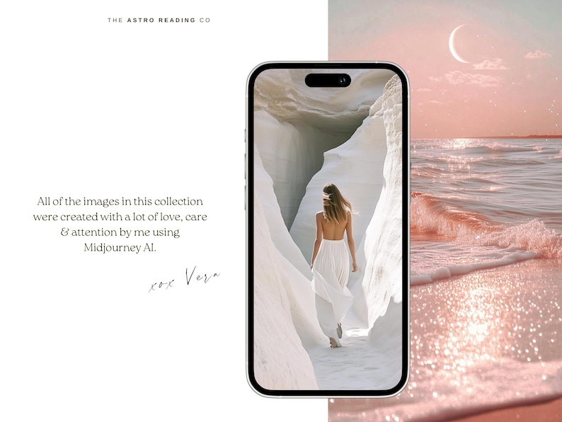 May include: A woman in a white dress walks through a white rock formation. The background is a pink and blue sunset over the ocean.
