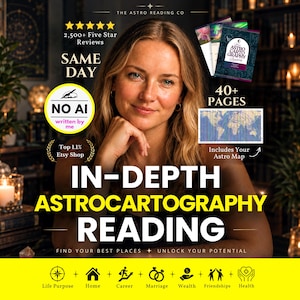 Könnte beinhalten: Eine Werbeanzeige für eine Astrokartografie-Lesung mit folgendem Text: The Astro Reading Co, 2,500+ Five Star Reviews, Same Day, No AI written by me, Top 1.1% Etsy Shop, 40+ Pages, Includes Your Astro Map und In-Depth Astrocartography Reading.