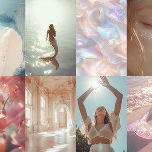 May include: A collage of images with a pastel color scheme. The images include a mermaid tail in the water, a white iridescent surface, a woman with closed eyes, a pink flower, a white room with large windows, a woman with her arms raised towards the sun, and a mermaid tail on a sandy beach.