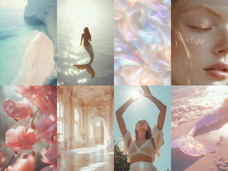 May include: A collage of images with a pastel color scheme. The images include a mermaid tail in the water, a white iridescent surface, a woman with closed eyes, a pink flower, a white room with large windows, a woman with her arms raised towards the sun, and a mermaid tail on a sandy beach.