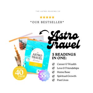 May include: A digital document titled The Astro Travel Reading from The Astro Reading Co. The cover features a bright blue ocean scene. Text lists five readings: Career & Wealth, Love & Friendships, Home Base, Spiritual Growth, and Past Lives.