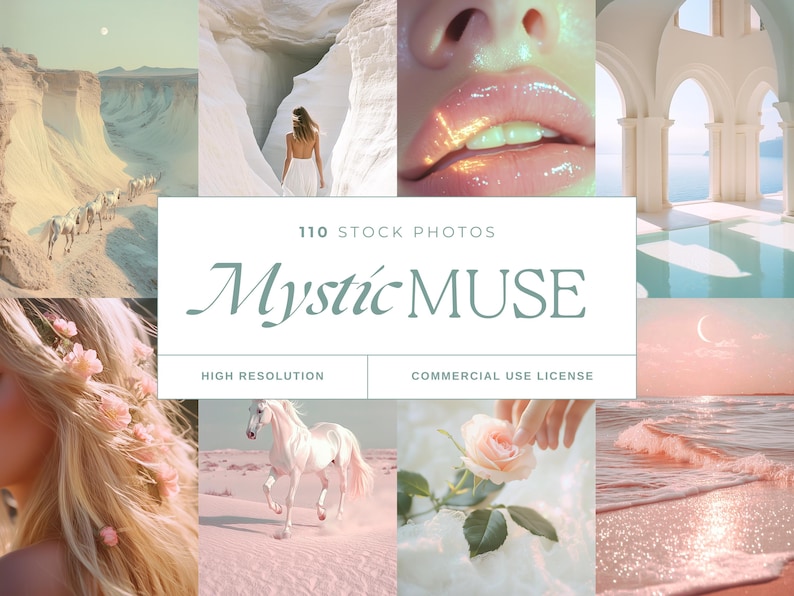 May include: A collage of images featuring a variety of dreamy and ethereal scenes, including a desert landscape with a crescent moon, a woman in a white dress walking through a cave, a close-up of a woman's lips with shimmering gloss, a white horse running through a pink sand dune, a white rose with a hand gently touching it, a white archway leading to a pool of water, and a pink beach with waves crashing on the shore. The text "110 Stock Photos Mystic MUSE High Resolution Commercial Use License" is displayed in the center of the collage.
