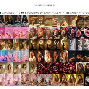 Puede incluir: Un collage de im&aacute;genes con varios temas astrol&oacute;gicos y m&iacute;sticos, incluyendo bolas de cristal, lunas, serpientes, granadas y figuras con coronas de flores. El texto "32 VARIETIES + 4 TO 7 VERSIONS OF EACH VARIETY = 175 STOCK PHOTOS..." es visible en la parte superior del collage.