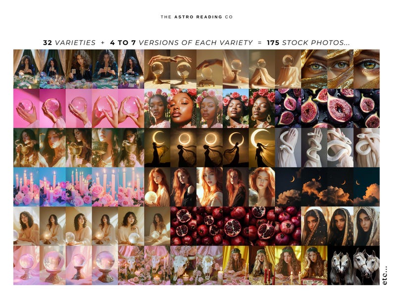 Puede incluir: Un collage de im&aacute;genes con varios temas astrol&oacute;gicos y m&iacute;sticos, incluyendo bolas de cristal, lunas, serpientes, granadas y figuras con coronas de flores. El texto "32 VARIETIES + 4 TO 7 VERSIONS OF EACH VARIETY = 175 STOCK PHOTOS..." es visible en la parte superior del collage.