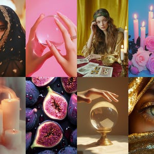 Puede incluir: Un collage de im&aacute;genes con varios temas de adivinaci&oacute;n y misticismo. Las im&aacute;genes incluyen una mujer con un velo negro, una bola de cristal, cartas del tarot, velas, higos y un ojo de mujer con maquillaje de purpurina.