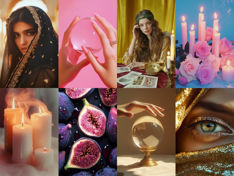 Puede incluir: Un collage de im&aacute;genes con varios temas de adivinaci&oacute;n y misticismo. Las im&aacute;genes incluyen una mujer con un velo negro, una bola de cristal, cartas del tarot, velas, higos y un ojo de mujer con maquillaje de purpurina.