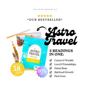 May include: A 38-page digital PDF document titled Astro Travel Reading, featuring a bright blue cover with an arch design. The text lists five readings: Career & Wealth, Love & Friendships, Home Base, Spiritual Growth, and Past Lives. The Astro Reading Co. branding is visible at the top.
