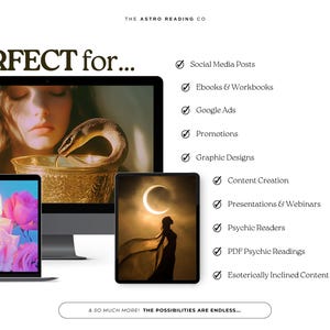 Puede incluir: Un collage de im&aacute;genes que muestran la versatilidad del arte digital. Las im&aacute;genes incluyen una mujer con una serpiente, velas y rosas, y una mujer en un paisaje iluminado por la luna. El texto "PERFECT for..." se muestra en la parte superior de la imagen, seguido de una lista de usos para el arte digital, que incluyen publicaciones en redes sociales, libros electr&oacute;nicos, anuncios de Google, promociones, dise&ntilde;os gr&aacute;ficos, creaci&oacute;n de contenido, presentaciones, seminarios web, lecturas ps&iacute;quicas, lecturas ps&iacute;quicas en PDF y creadores de contenido esot&eacute;rico. El texto "& SO MUCH MORE! THE POSSIBILITIES ARE ENDLESS..." se muestra en la parte inferior de la imagen.