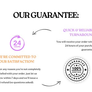 May include: A graphic featuring the text OUR GUARANTEE, a purple 24 HOURS circular icon, and a black and white 100% MONEY BACK GUARANTEE seal. Text includes QUICK & RELIABLE TURNAROUND, WE'RE COMMITTED TO YOUR SATISFACTION, and refund policy details.