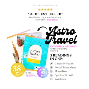 May include: A digital document titled The Astro Travel Reading featuring a bright blue ocean cover. Text includes Our Bestseller, 5 Readings In One, Career & Wealth, Love & Friendships, Home Base, Spiritual Growth, Past Lives, and 38 Page PDF.