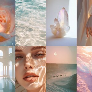 May include: A collage of images with a pastel color scheme. The images include a rose, water, a crystal, a hand, a building, a person's face, a desert landscape, and a mermaid tail.