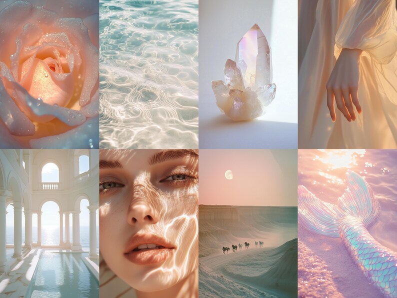May include: A collage of images with a pastel color scheme. The images include a rose, water, a crystal, a hand, a building, a person's face, a desert landscape, and a mermaid tail.