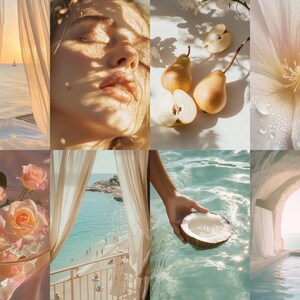 May include: A collage of images featuring a woman's face, pears, a flower, a view from a window, a bowl of pink roses, a view from a balcony, a coconut in water, and a white cave with a pool.