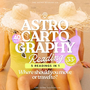 May include: Two straw hats and two swimsuits, one yellow and one lavender, with text overlays reading THE ASTRO READING CO, ASTRO CARTOGRAPHY Reading, 40 PAGES, 33+ LOCATIONS, 5 READINGS IN 1, and Where should you move or travel to?