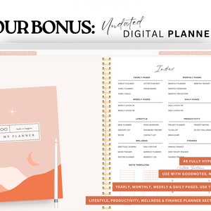 May include: A digital planner with a pink and orange cover featuring a moon and star graphic, displayed on a tablet screen. The open page shows an index with sections for yearly, monthly, weekly, and daily pages, plus lifestyle, productivity, wellness, and finance categories.