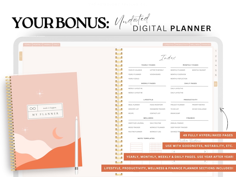 May include: A digital planner with a pink and orange cover featuring a moon and star graphic, displayed on a tablet screen. The open page shows an index with sections for yearly, monthly, weekly, and daily pages, plus lifestyle, productivity, wellness, and finance categories.