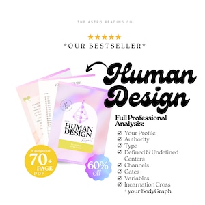May include: A digital Human Design report featuring a pastel holographic cover with a geometric bodygraph icon. The document includes a 70+ page PDF, a list of analysis sections like Profile, Authority, and Type, and text stating Our Bestseller.