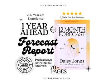 Astrologisk läsning för kommande 12 månader, premium 1-årsprognos månad för månad-rapport, djupgående analys, läsning samma dag