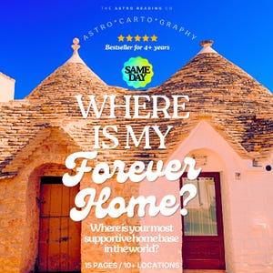 May include: A digital graphic featuring two traditional stone trulli houses with conical roofs against a bright blue sky. Text overlays include THE ASTRO READING CO, ASTRO CARTO GRAPHY, Bestseller for 4+ years, SAME DAY, WHERE IS MY Forever Home?, and 15 PAGES / 10+ LOCATIONS.