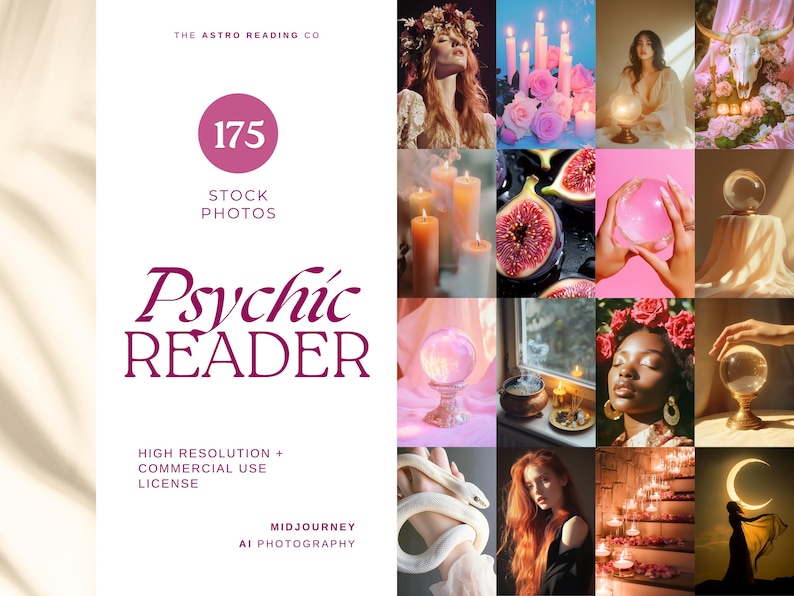 Puede incluir: Un collage de 175 fotos de archivo con un tema de lector ps&iacute;quico. Las im&aacute;genes incluyen velas, cristales, flores y una serpiente. El texto "Psychic Reader" aparece en una fuente morada.