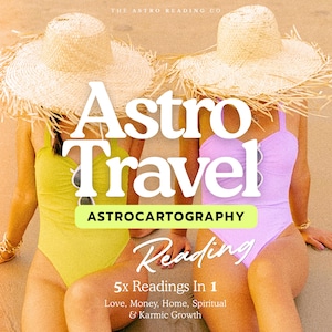 Könnte beinhalten: Zwei Personen mit Strohhüten und Badeanzügen, einer in Limettengrün und einer in Lavendel. Der Text lautet: THE ASTRO READING CO, Astro Travel, ASTROCARTOGRAPHY, Reading, 5x Readings In 1, Love, Money, Home, Spiritual & Karmic Growth.