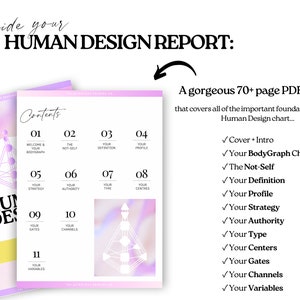 May include: A 70+ page PDF Human Design report featuring a table of contents with sections for BodyGraph, Not-Self, Definition, Profile, Strategy, Authority, Type, Centers, Gates, Channels, and Variables, displayed on a white background with purple accents.