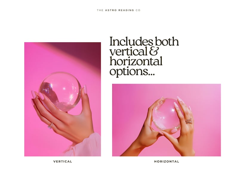 Puede incluir: Dos im&aacute;genes que muestran una mano sosteniendo un orbe de vidrio transparente sobre un fondo rosa. La primera imagen muestra el orbe sostenido verticalmente, la segunda imagen muestra el orbe sostenido horizontalmente. El texto "VERTICAL" est&aacute; debajo de la primera imagen y el texto "HORIZONTAL" est&aacute; debajo de la segunda imagen.