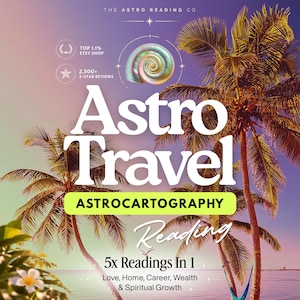 Könnte beinhalten: Eine digitale Grafik für The Astro Reading Co mit Palmen vor einem Sonnenuntergangshimmel. Der Text lautet Astro Travel Astrocartography Reading, 5x Readings In 1, Love, Home, Career, Wealth & Spiritual Growth, Top 1.1% Etsy Shop, 2,500+ 5-Star Reviews.