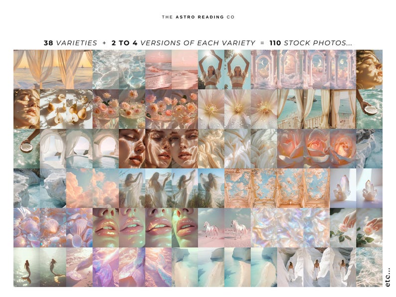May include: A collage of 38 different images, each with 2 to 4 variations, totaling 110 stock photos. The images feature a variety of themes, including nature, beauty, and spirituality. The images are all in a soft, pastel color palette and have a dreamy, ethereal feel.