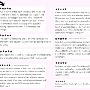 May include: A collection of eight five-star customer reviews displayed on a light pink background. The text on the left side reads SOME WORDS OF LOVE with heart icons. The reviews contain testimonials about astrology readings, birth charts, and interpretations.